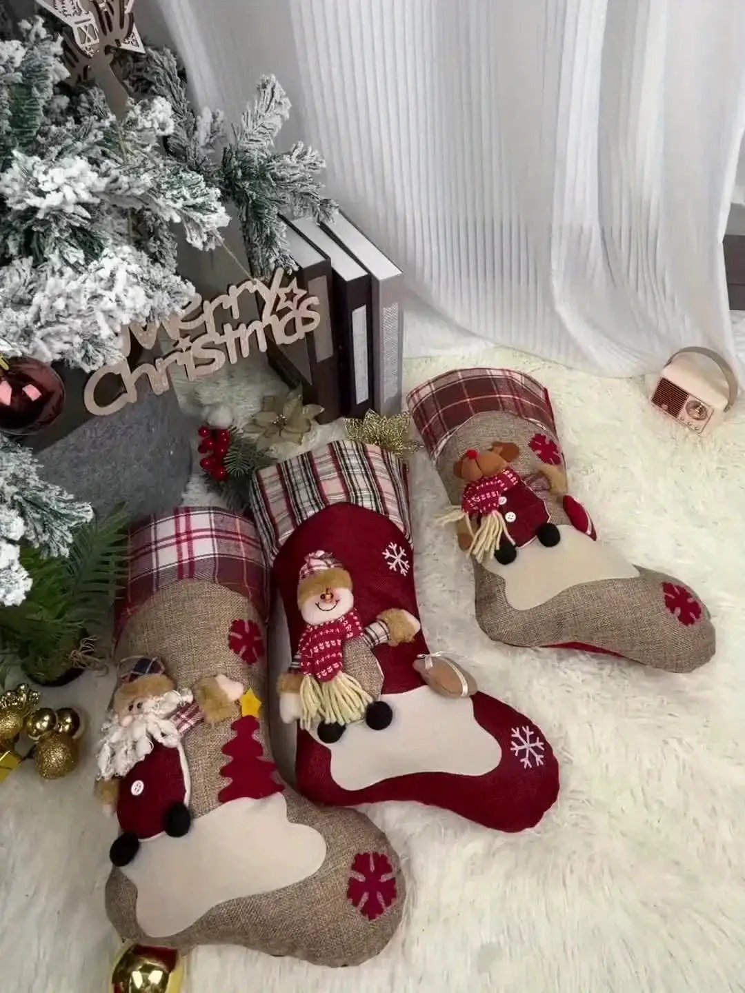 1pc/3pcs Classic Christmas Stocking Set, Polyester Hanging Holiday Decor with Santa, Snowman, Reindeer, Fantasy Themed, No Electricity Required, Festive Home & Party Decorations by House Of Avana