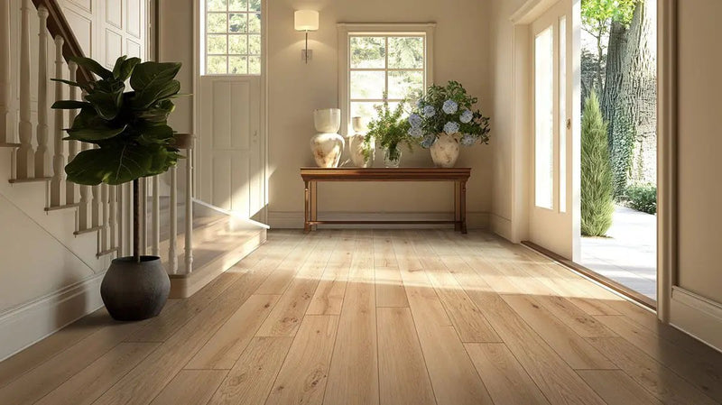 Ladson Montevideo Oak Brushed Stair Riser Wood Look Moldings 2x0.5 in a finished room