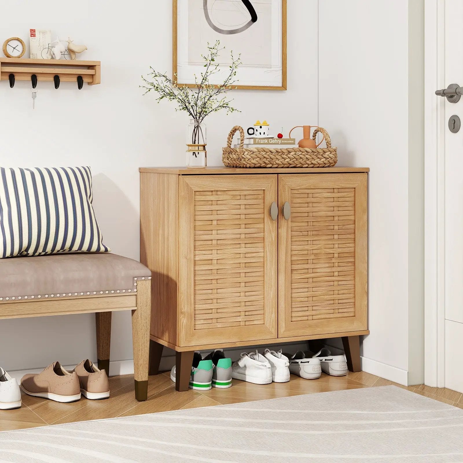 2-Door 4-Tier Shoe Cabinet Storage Organizer with Ventilated Woven Doors-Teak by DirectDeals