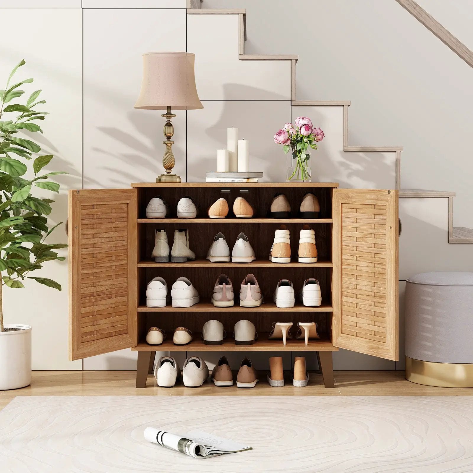 2-Door 4-Tier Shoe Cabinet Storage Organizer with Ventilated Woven Doors-Teak by DirectDeals