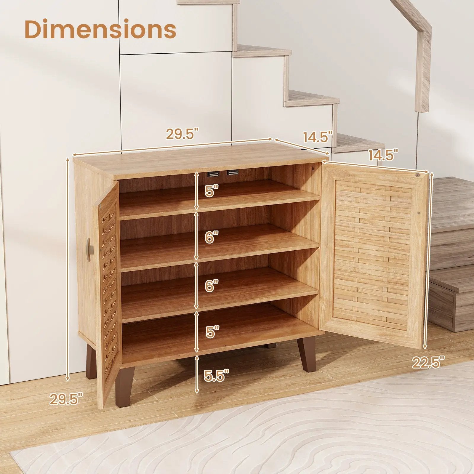 2-Door 4-Tier Shoe Cabinet Storage Organizer with Ventilated Woven Doors-Teak by DirectDeals