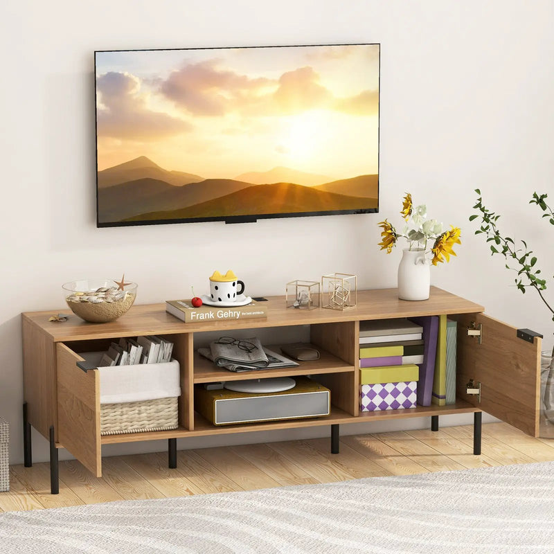 2-Door TV Stand with Charging Station and Open Shelves for TVs up to 65 Inches-Natural by DirectDeals