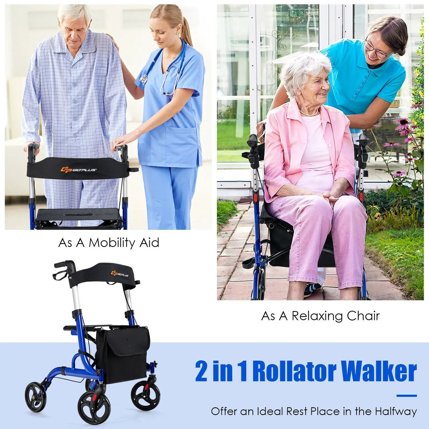 Folding Aluminum Rollator Walker with 8 inch Wheels and Seat by DirectDeals