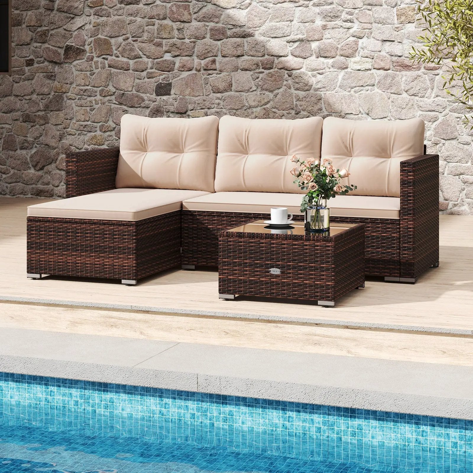 4 Seats Outdoor Wicker Furniture Set with Tempered Glass Coffee Table and Soft Cushions-Beige by DirectDeals