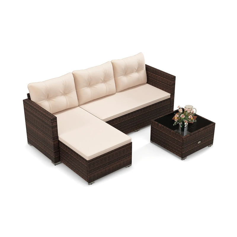 4 Seats Outdoor Wicker Furniture Set with Tempered Glass Coffee Table and Soft Cushions-Beige by DirectDeals