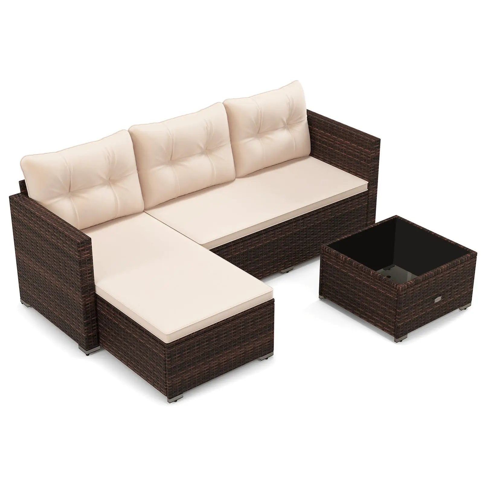 4 Seats Outdoor Wicker Furniture Set with Tempered Glass Coffee Table and Soft Cushions-Beige by DirectDeals
