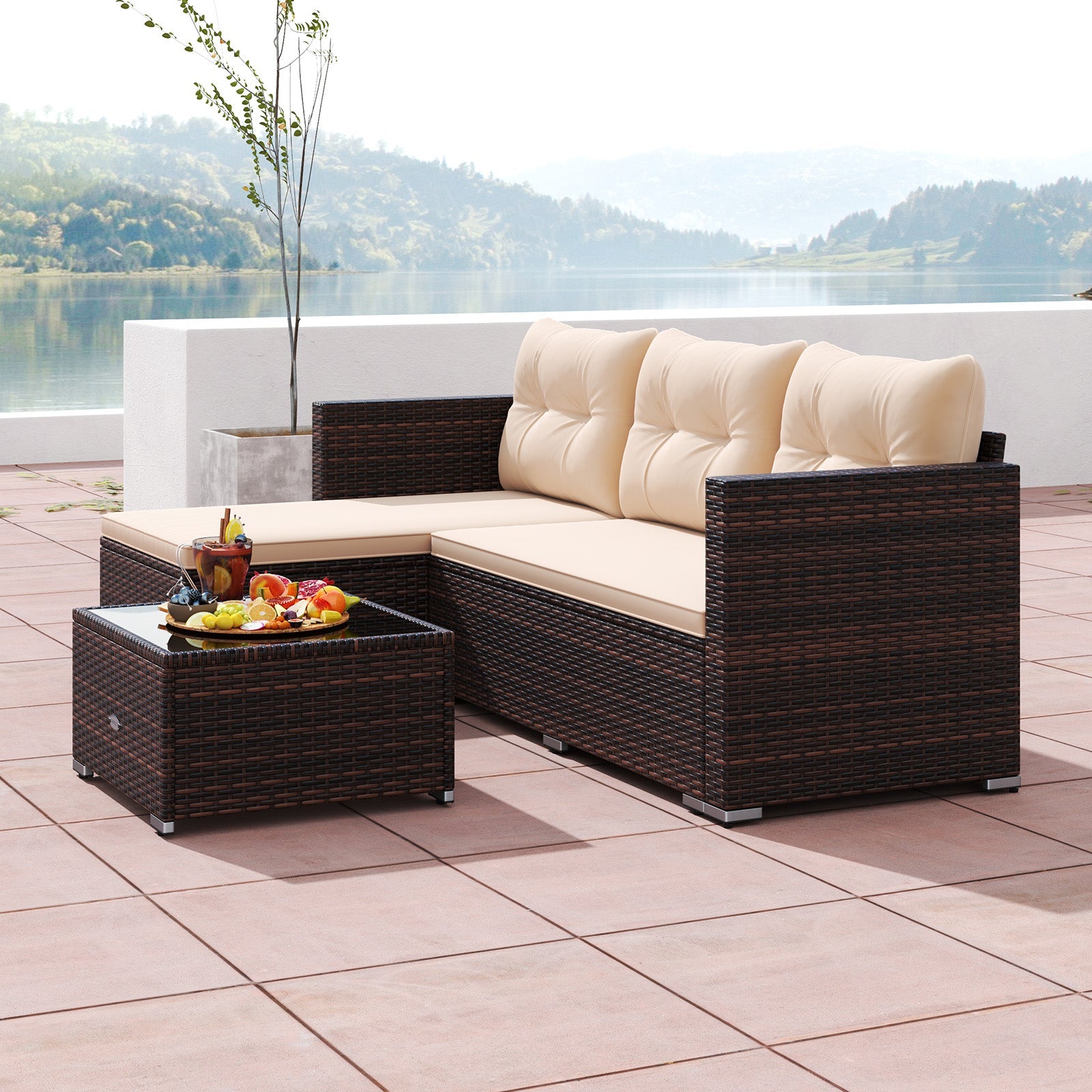 4 Seats Outdoor Wicker Furniture Set with Tempered Glass Coffee Table and Soft Cushions-Beige by DirectDeals