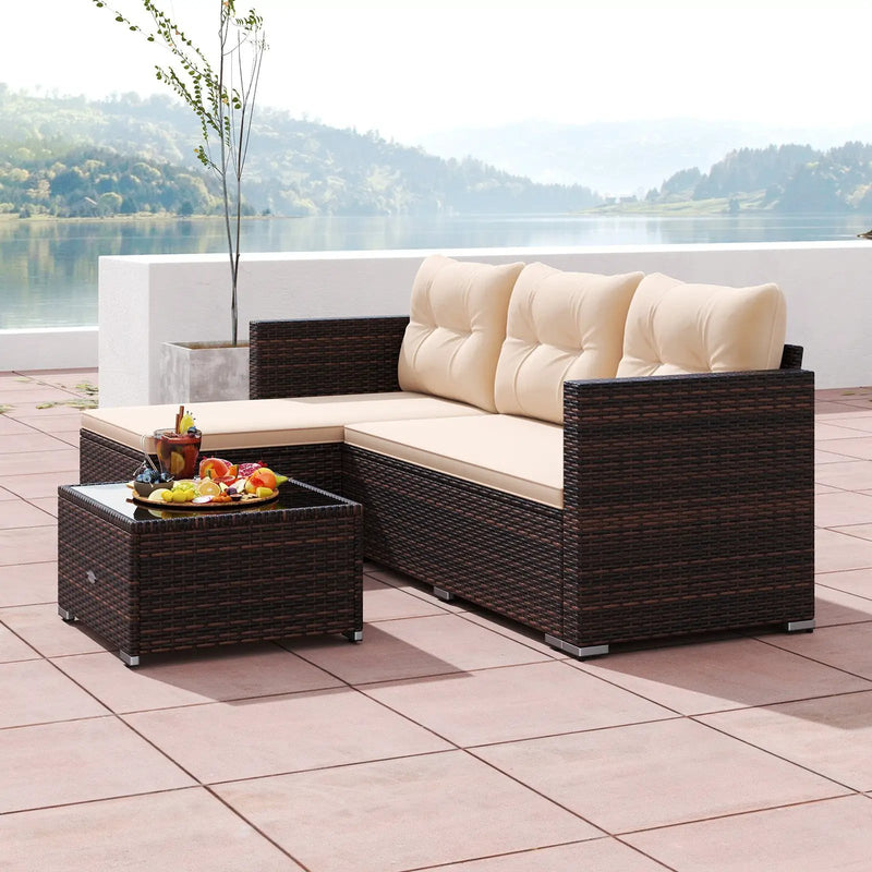 4 Seats Outdoor Wicker Furniture Set with Tempered Glass Coffee Table and Soft Cushions-Beige by DirectDeals