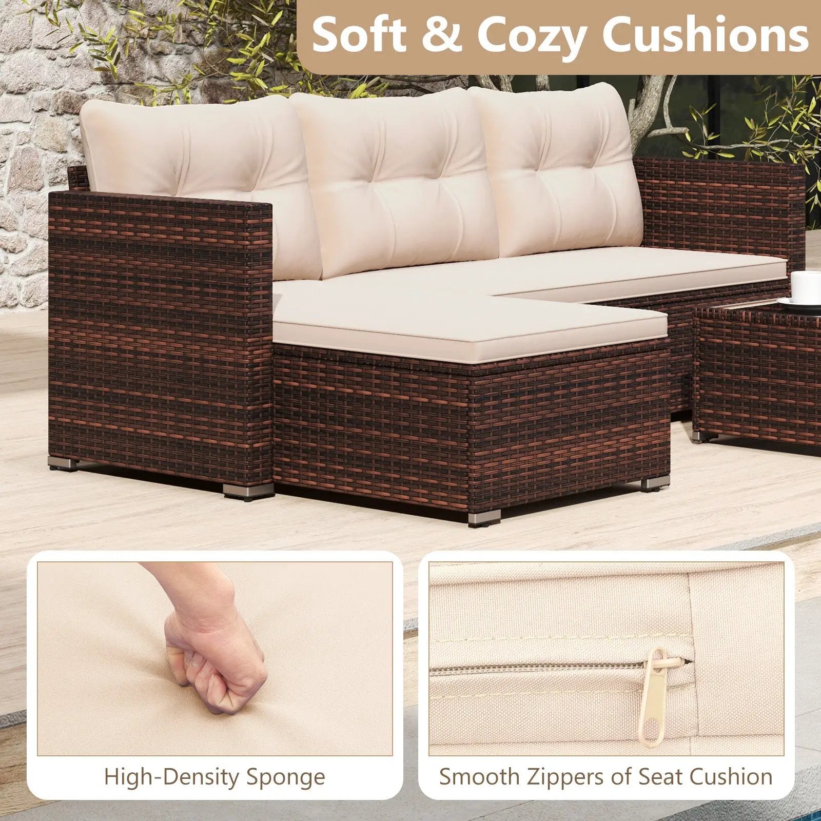 4 Seats Outdoor Wicker Furniture Set with Tempered Glass Coffee Table and Soft Cushions-Beige by DirectDeals