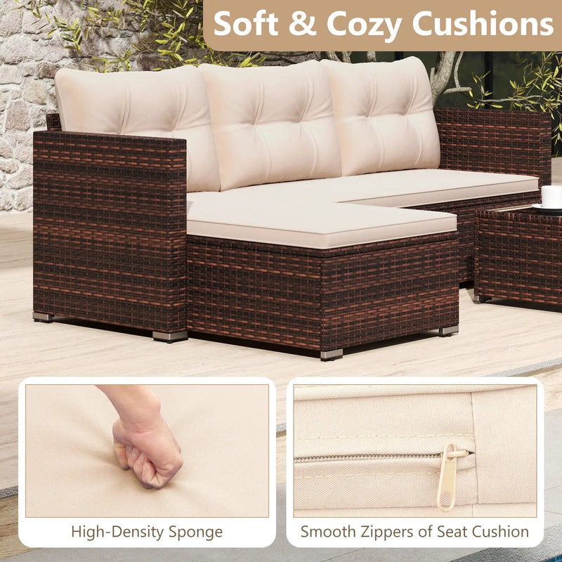 4 Seats Outdoor Wicker Furniture Set with Tempered Glass Coffee Table and Soft Cushions-Beige by DirectDeals