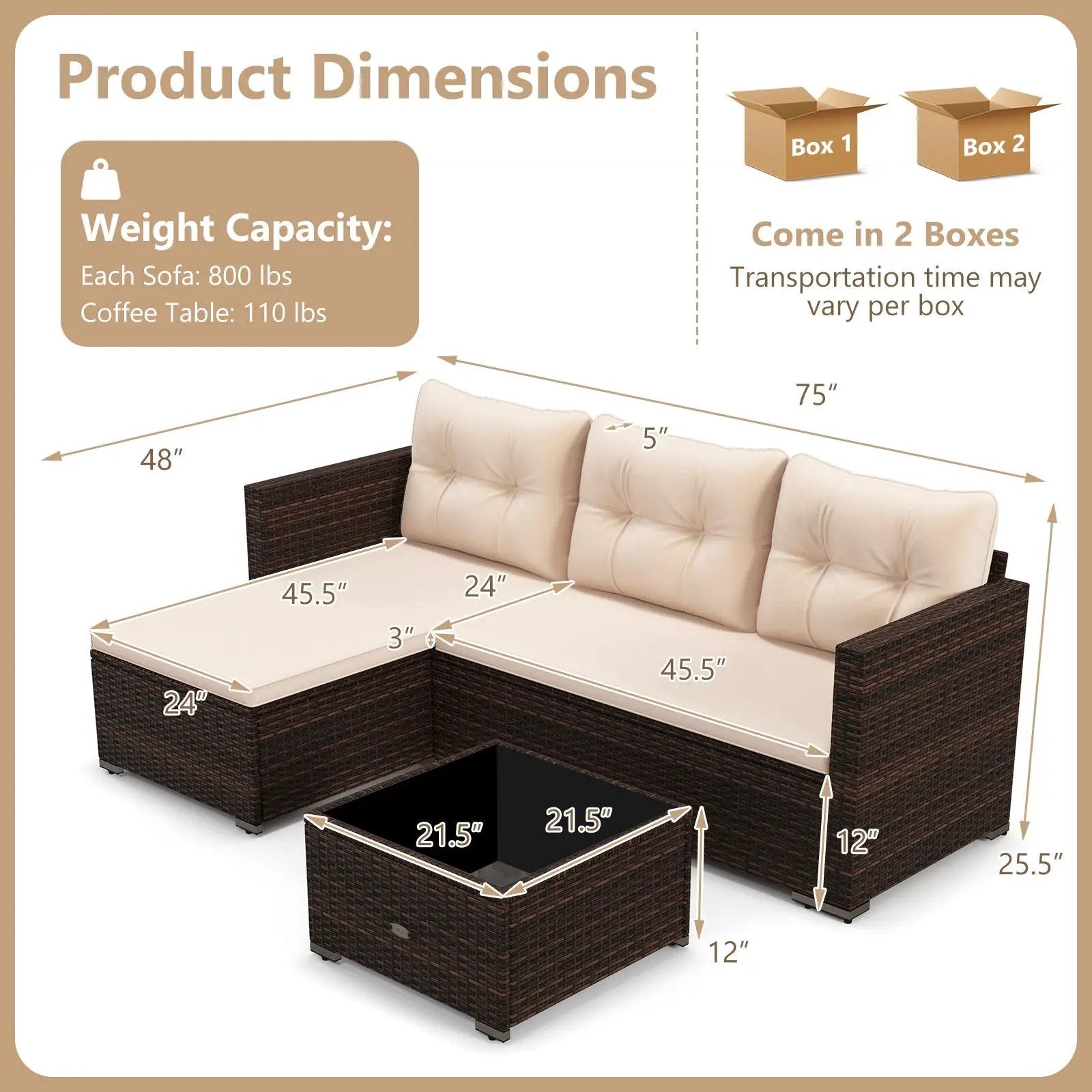 4 Seats Outdoor Wicker Furniture Set with Tempered Glass Coffee Table and Soft Cushions-Beige by DirectDeals