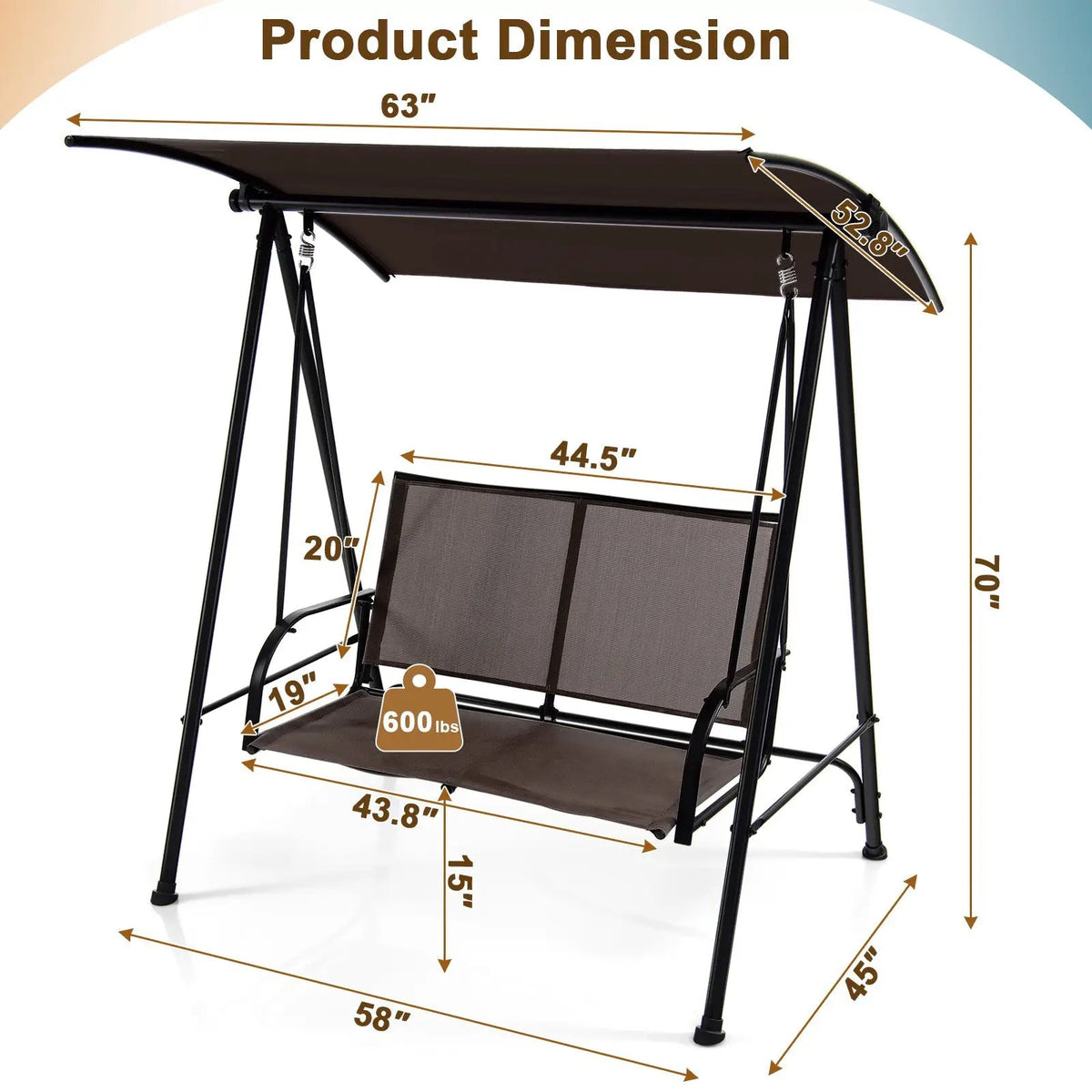 2-Seat Outdoor Canopy Swing with Comfortable Fabric Seat and Heavy-duty Metal Frame by DirectDeals