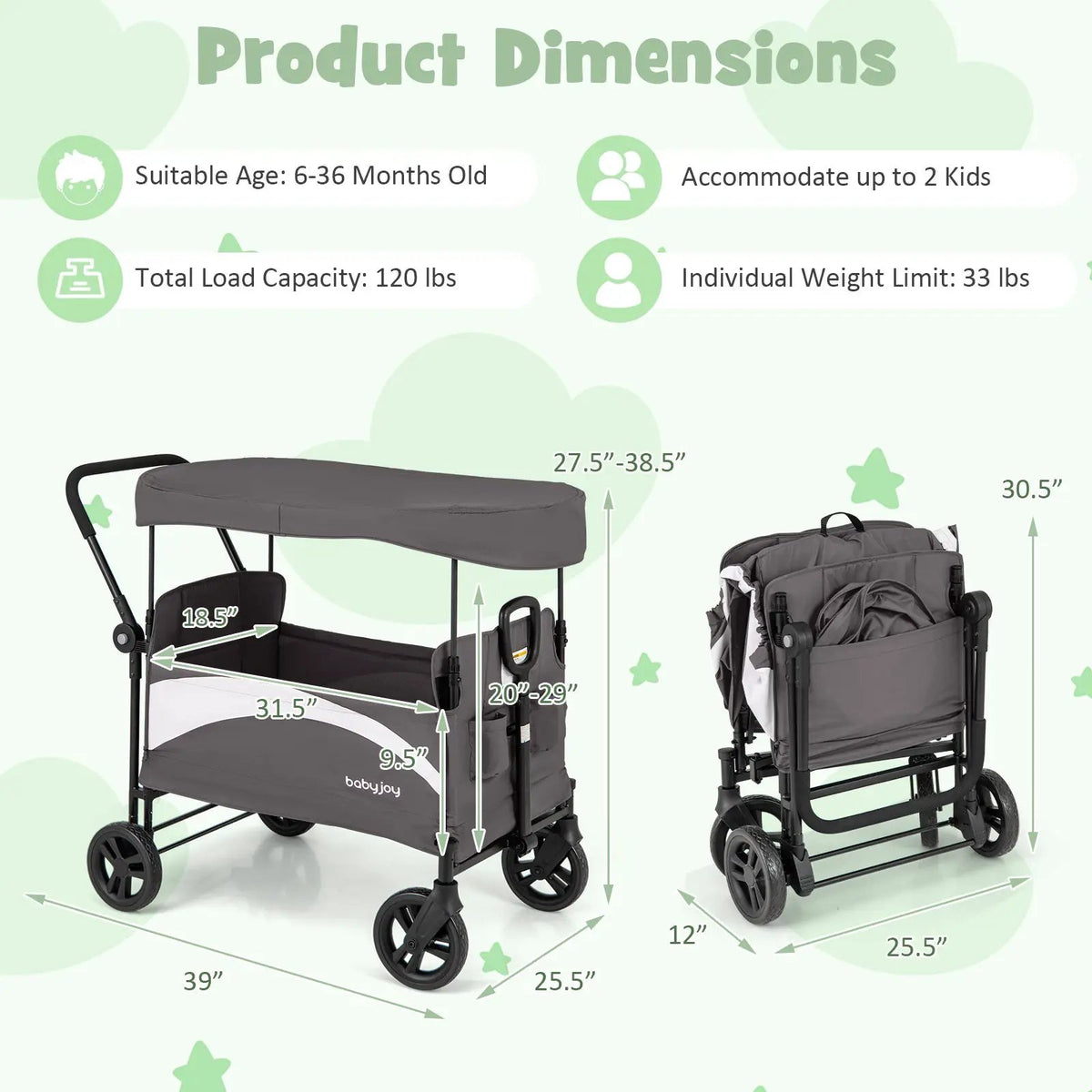 2-Seat Stroller Wagon with Adjustable Canopy and Handles by DirectDeals