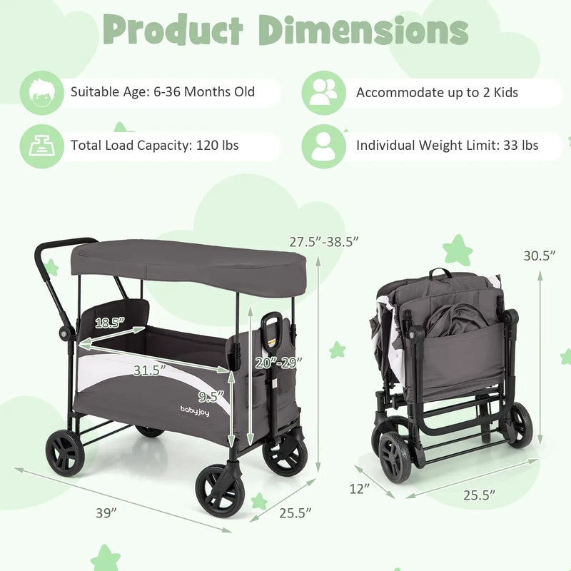 2-Seat Stroller Wagon with Adjustable Canopy and Handles by DirectDeals