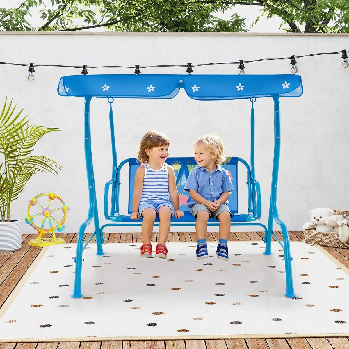 2-Seater Kids Patio Swing with Metal Stand and Adjustable Canopy-Navy by DirectDeals