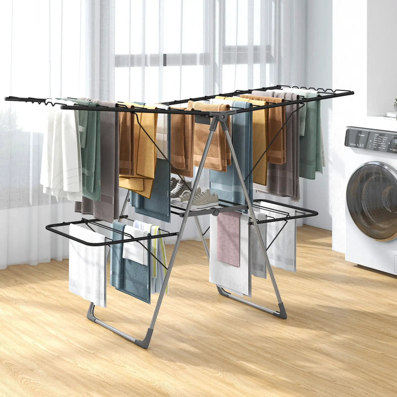 2-Tier Clothes Drying Rack with 33 Drying Rails and Height Adjustable Gullwings by DirectDeals