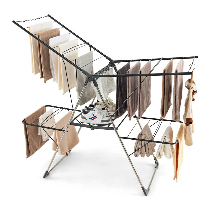 2-Tier Clothes Drying Rack with 33 Drying Rails and Height Adjustable Gullwings by DirectDeals
