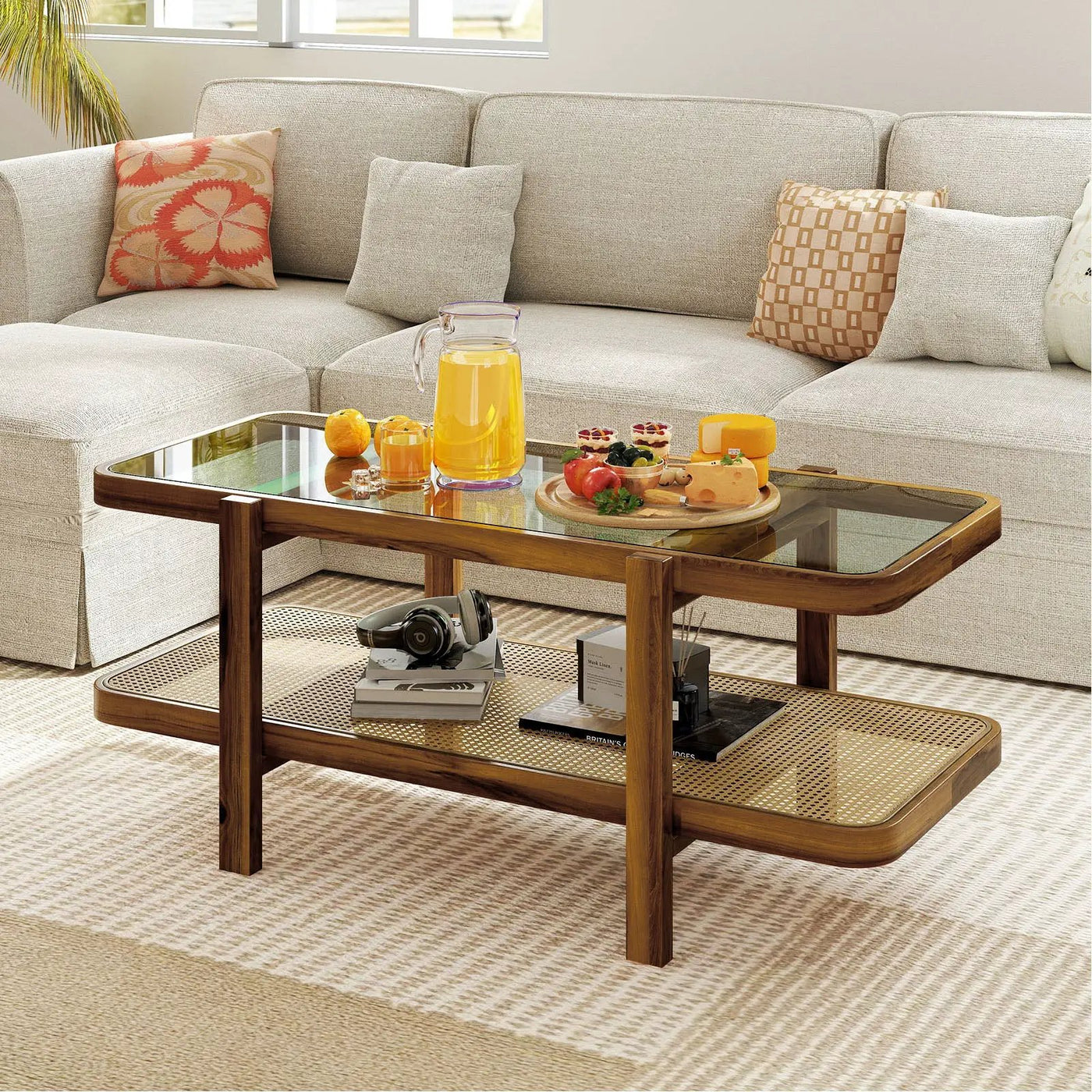 2-Tier Coffee Table with Storage and Tempered Glass Tabletop by DirectDeals