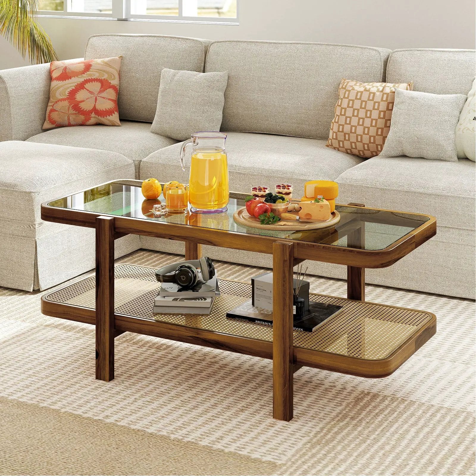 2-Tier Coffee Table with Storage and Tempered Glass Tabletop by DirectDeals