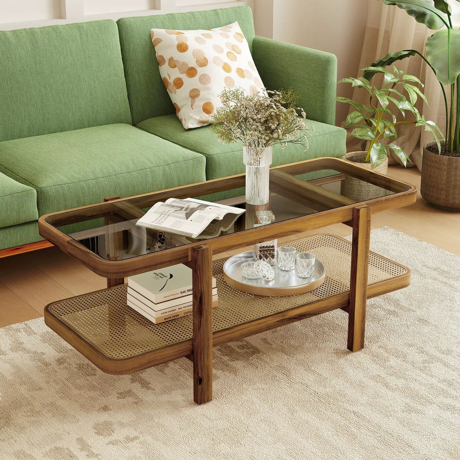 2-Tier Coffee Table with Storage and Tempered Glass Tabletop by DirectDeals