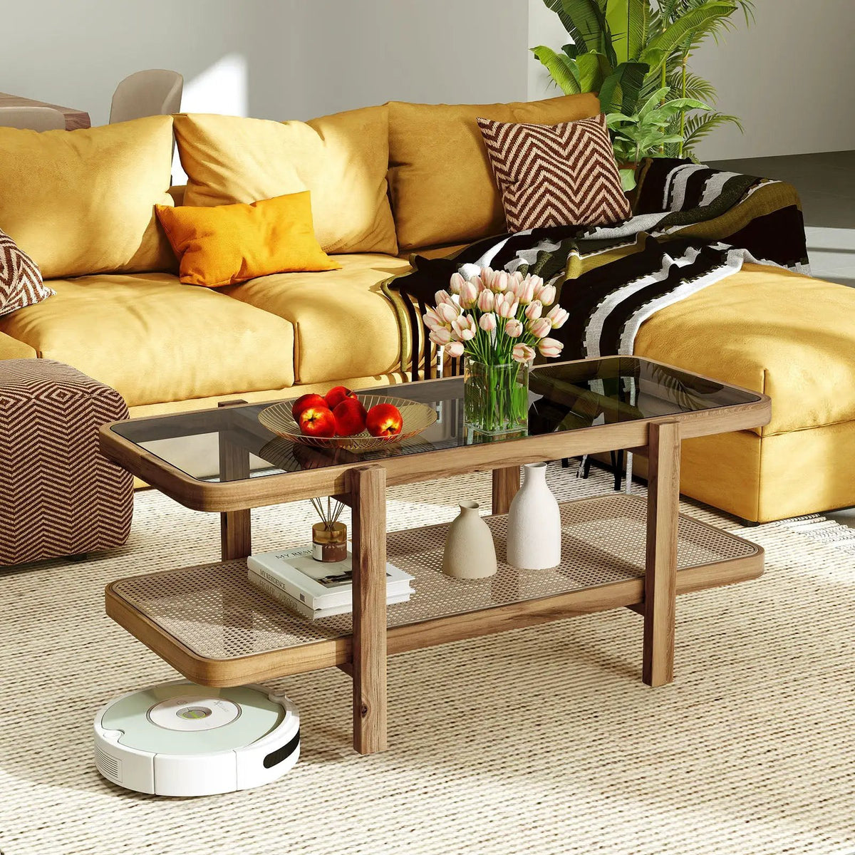 2-Tier Coffee Table with Storage and Tempered Glass Tabletop by DirectDeals
