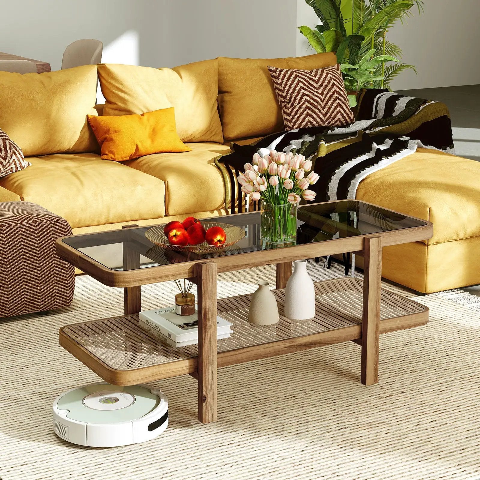 2-Tier Coffee Table with Storage and Tempered Glass Tabletop by DirectDeals