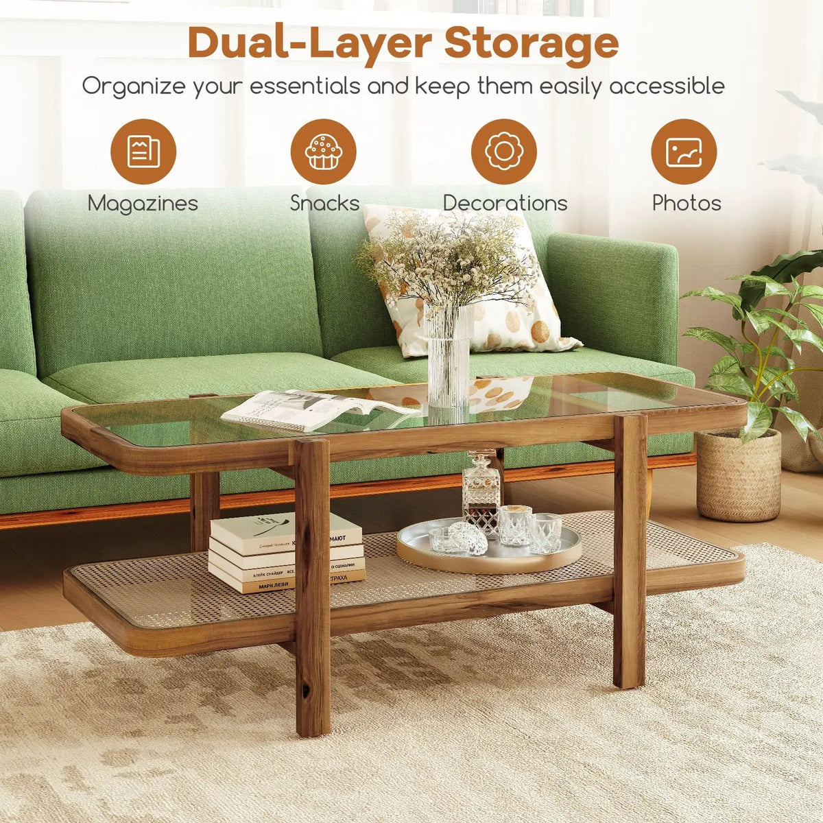 2-Tier Coffee Table with Storage and Tempered Glass Tabletop by DirectDeals