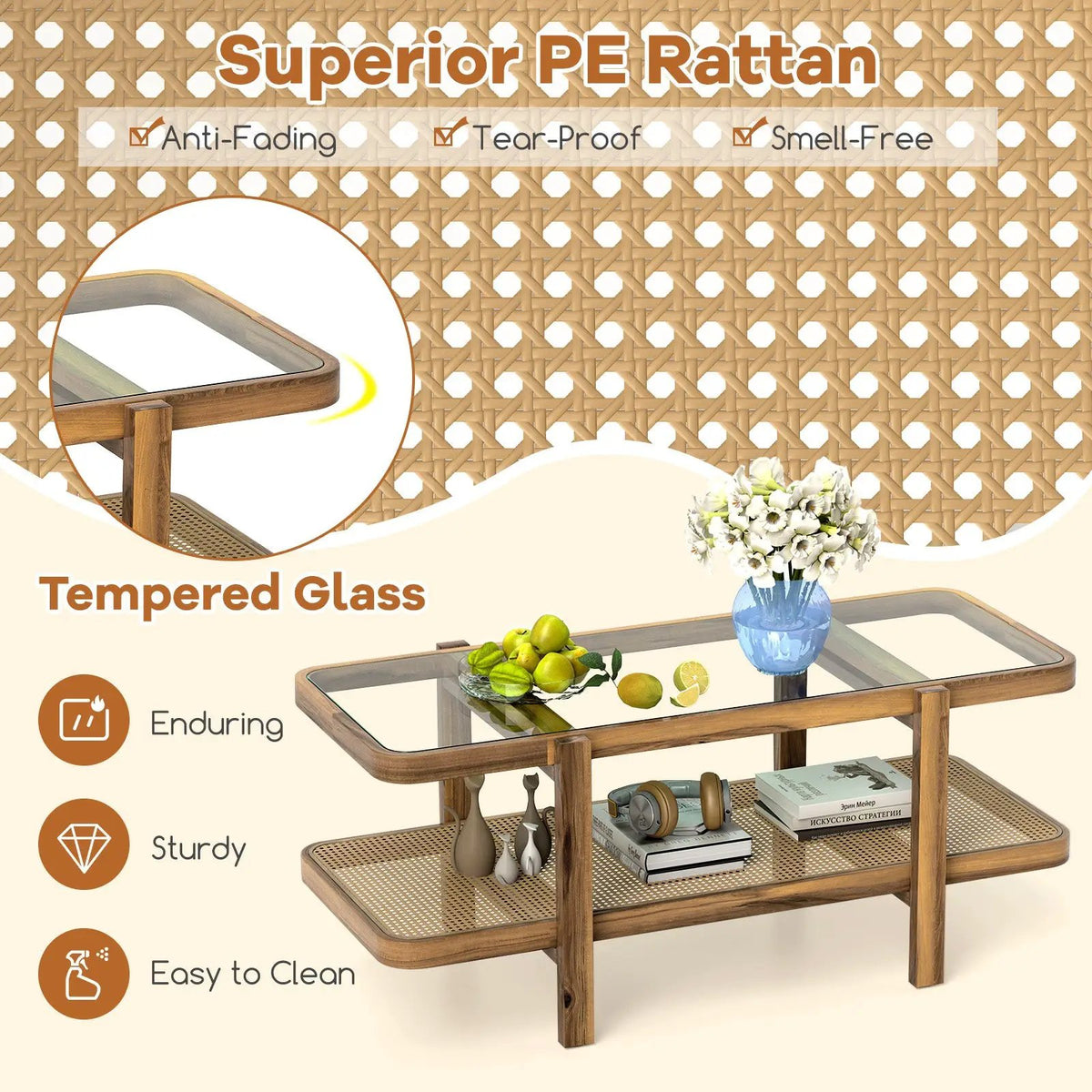 2-Tier Coffee Table with Storage and Tempered Glass Tabletop by DirectDeals