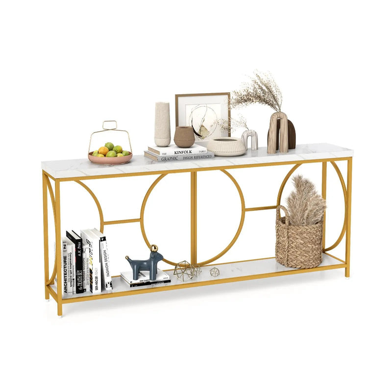 2-Tier Faux Marble Top Console Table with Storage Shelf-White by DirectDeals