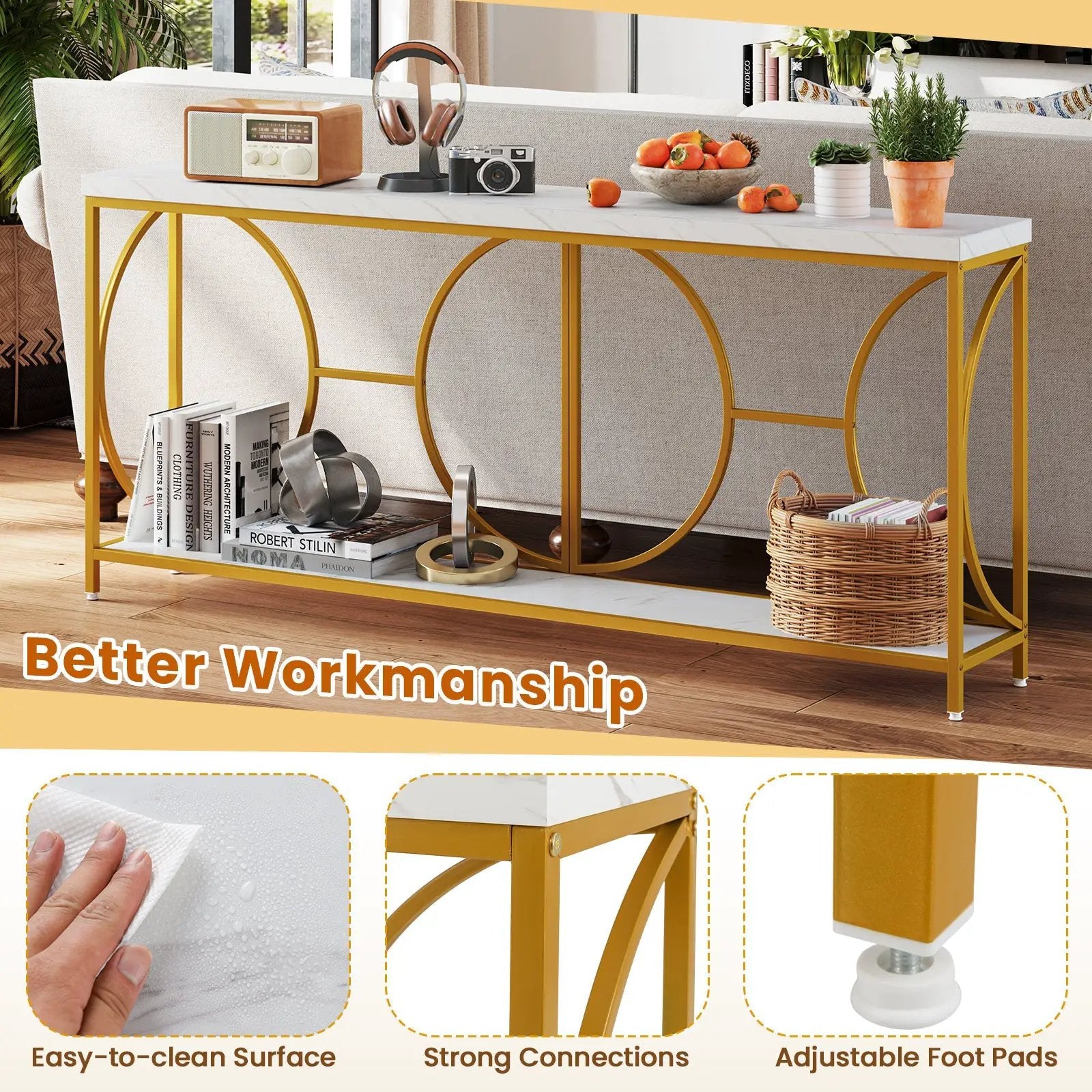 2-Tier Faux Marble Top Console Table with Storage Shelf-White by DirectDeals