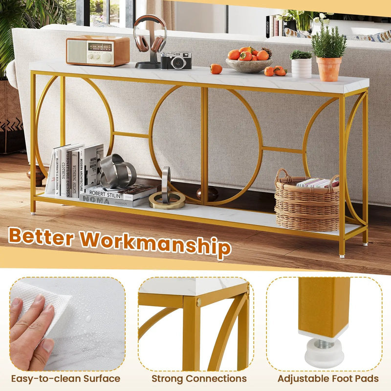 2-Tier Faux Marble Top Console Table with Storage Shelf-White by DirectDeals