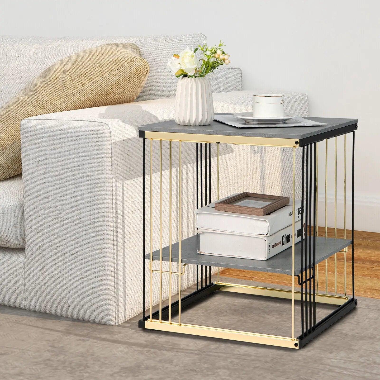 2-Tier Metal Side End Table with Removable Shelf-Gray by DirectDeals
