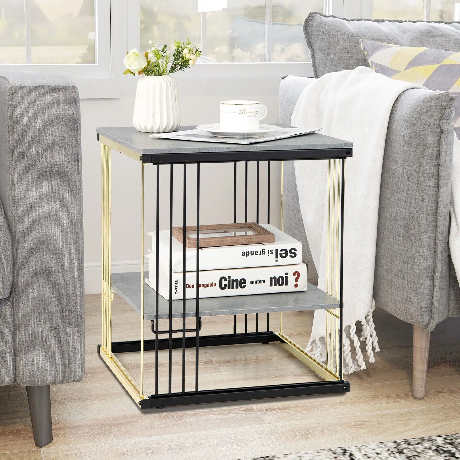 2-Tier Metal Side End Table with Removable Shelf-Gray by DirectDeals