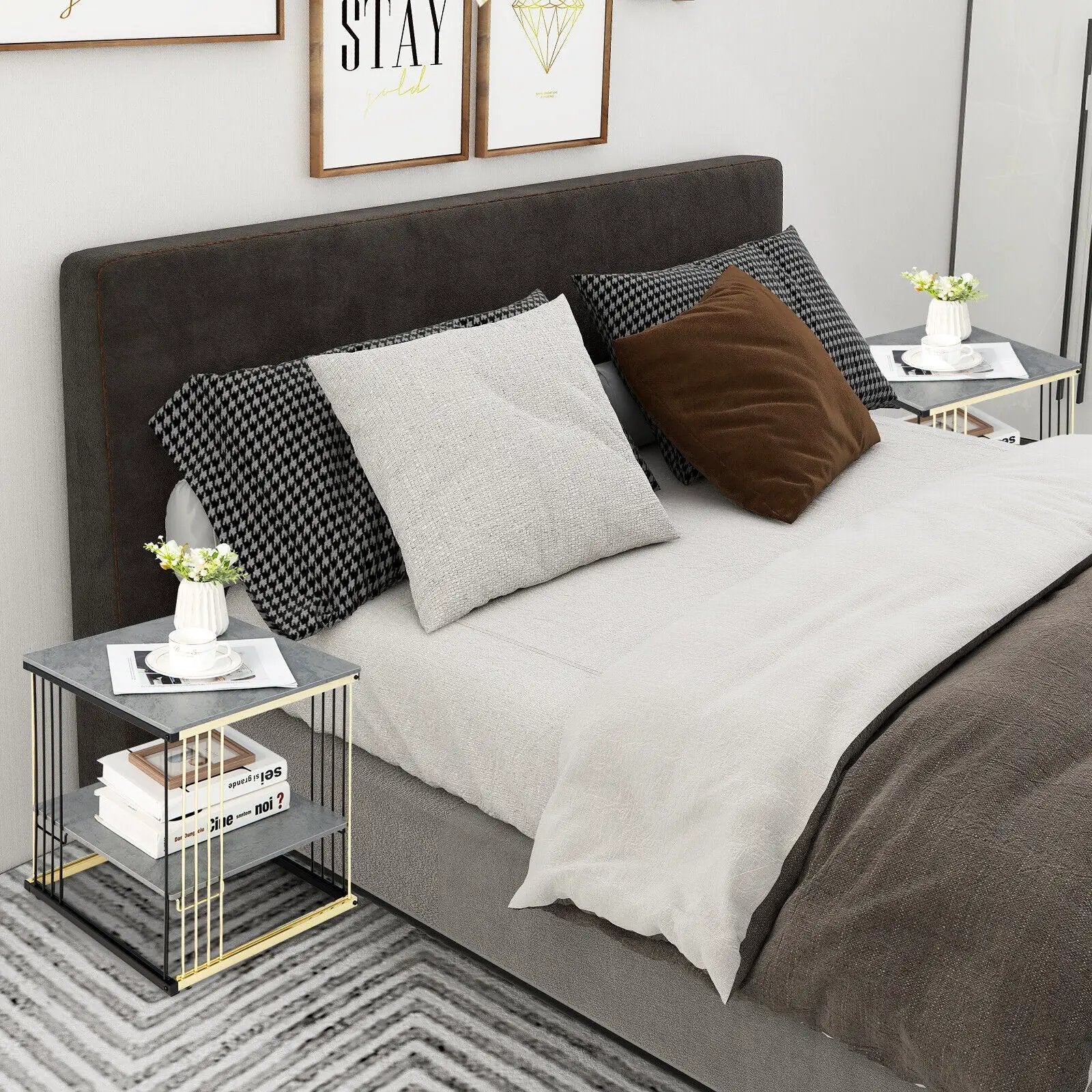 2-Tier Metal Side End Table with Removable Shelf-Gray by DirectDeals