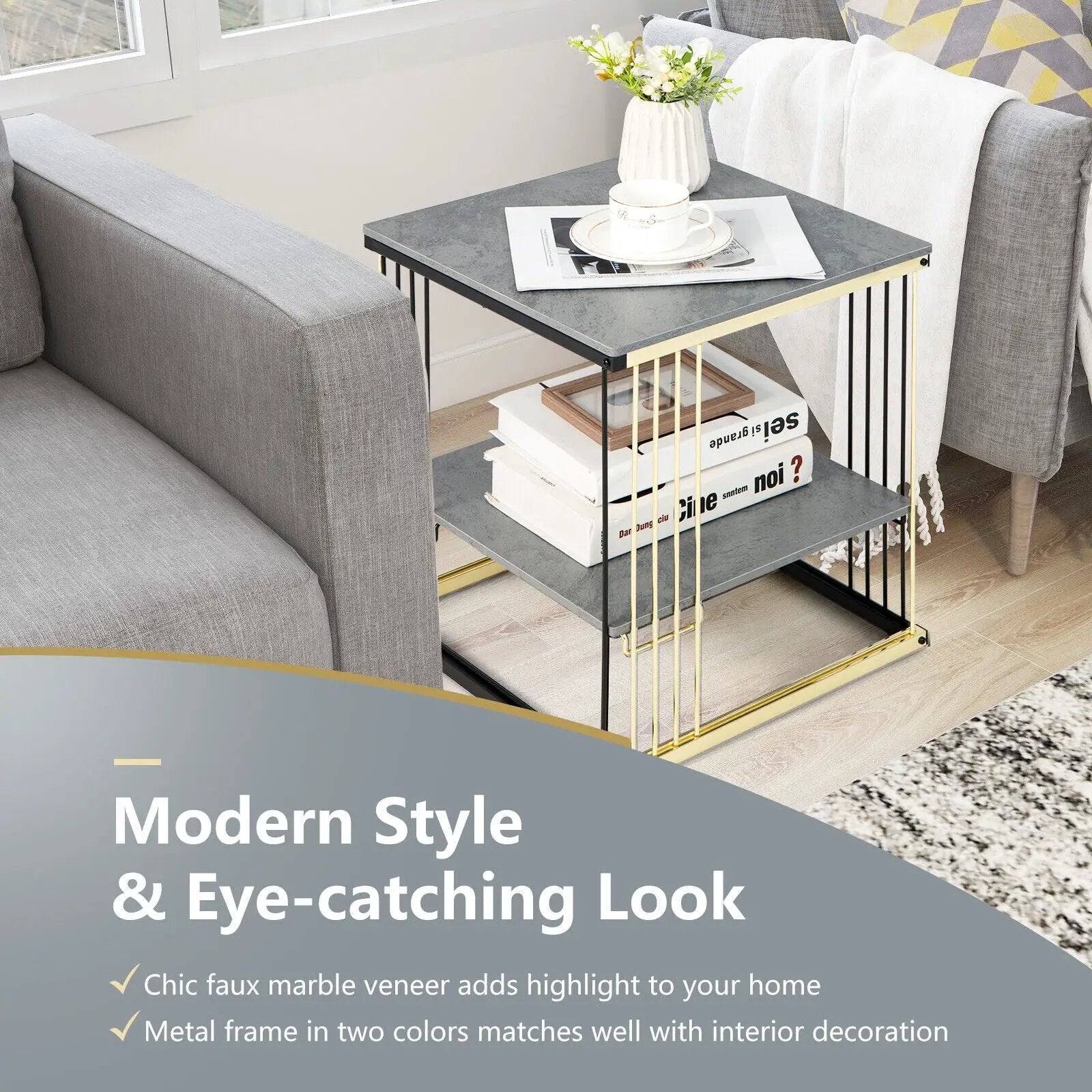 2-Tier Metal Side End Table with Removable Shelf-Gray by DirectDeals
