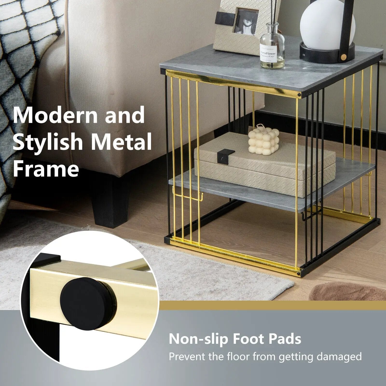 2-Tier Metal Side End Table with Removable Shelf-Gray by DirectDeals