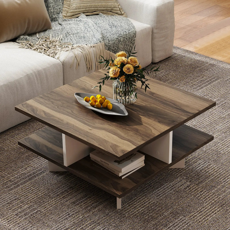 2-Tier Square Coffee Table with 4 Storage Compartments-Walnut by DirectDeals