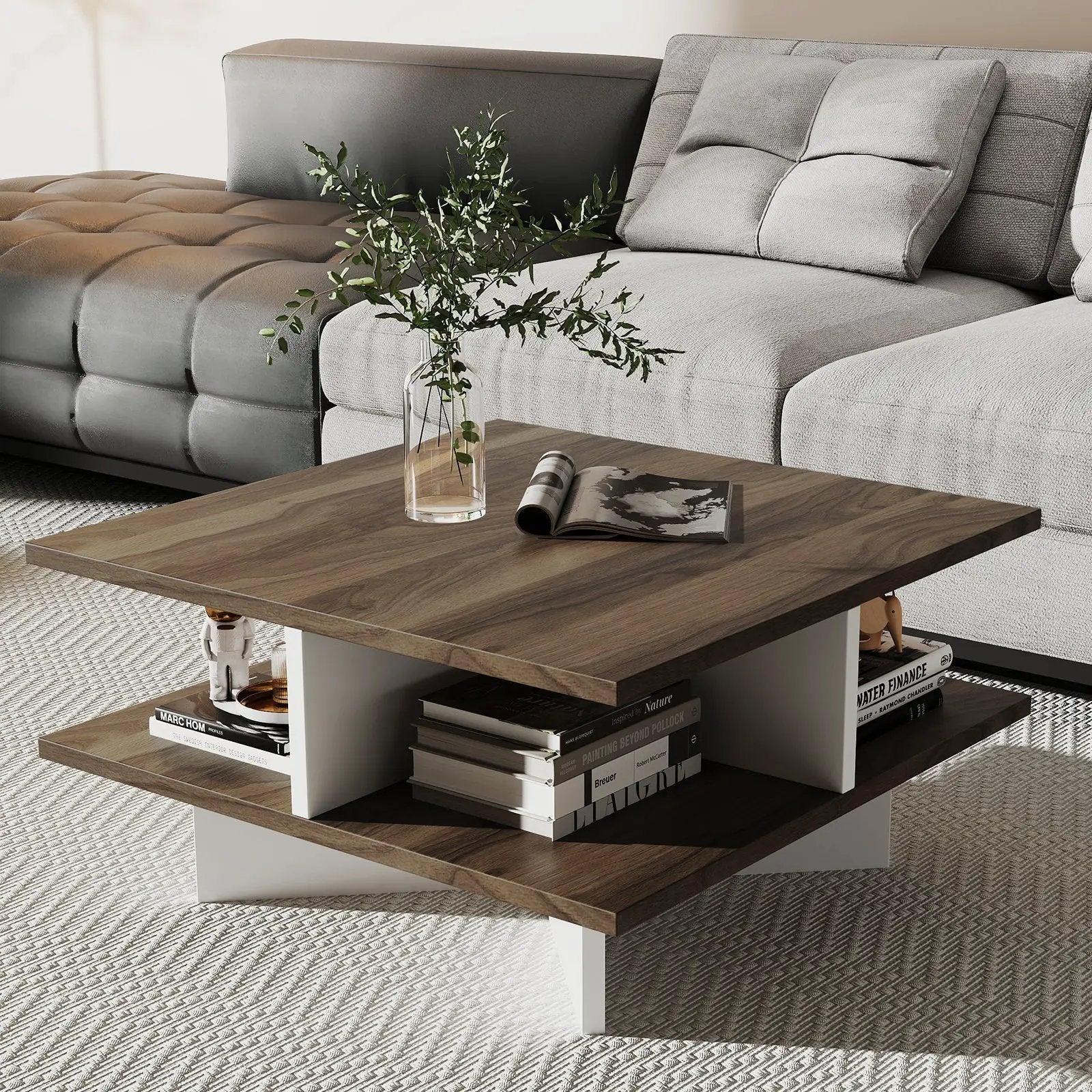 2-Tier Square Coffee Table with 4 Storage Compartments-Walnut by DirectDeals