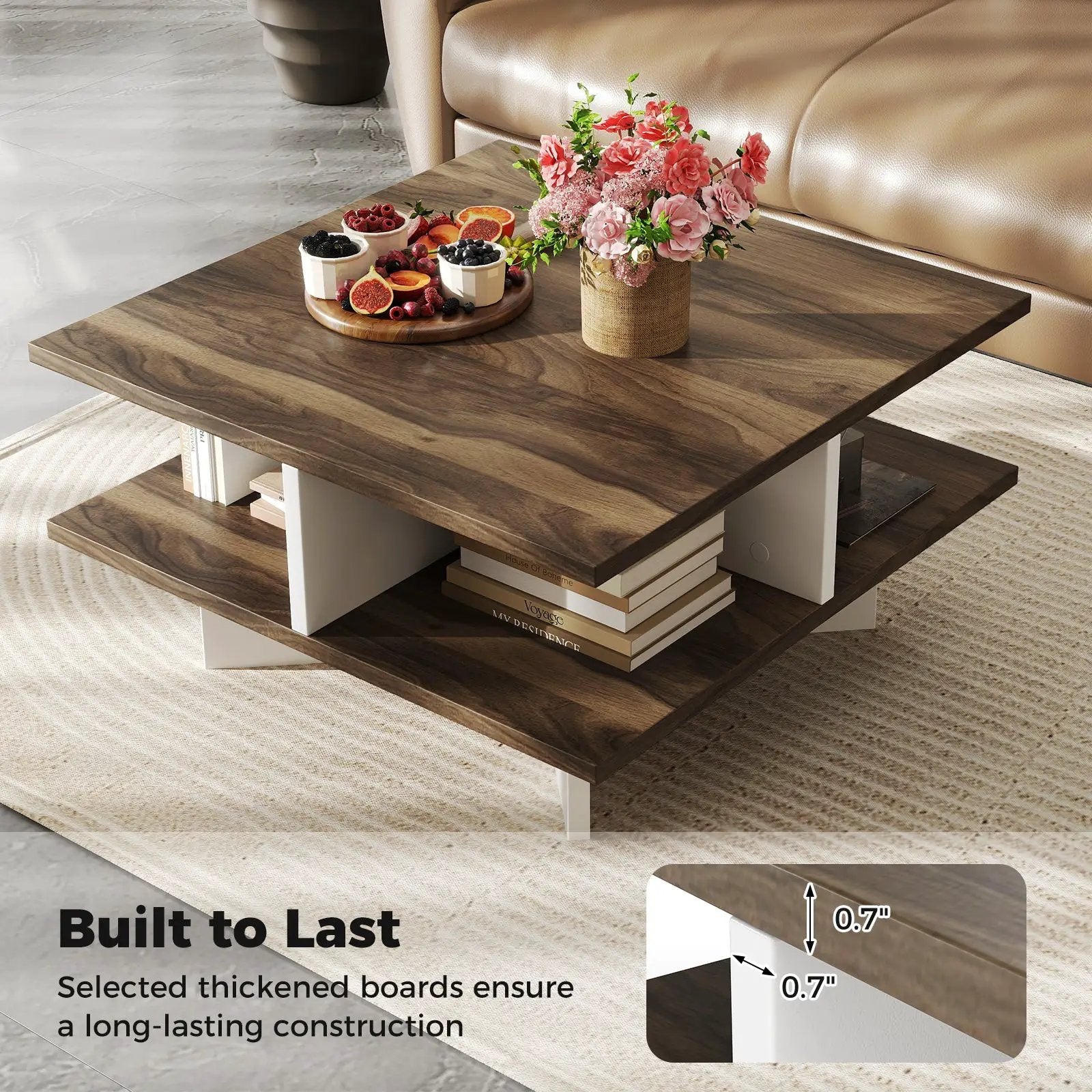 2-Tier Square Coffee Table with 4 Storage Compartments-Walnut by DirectDeals