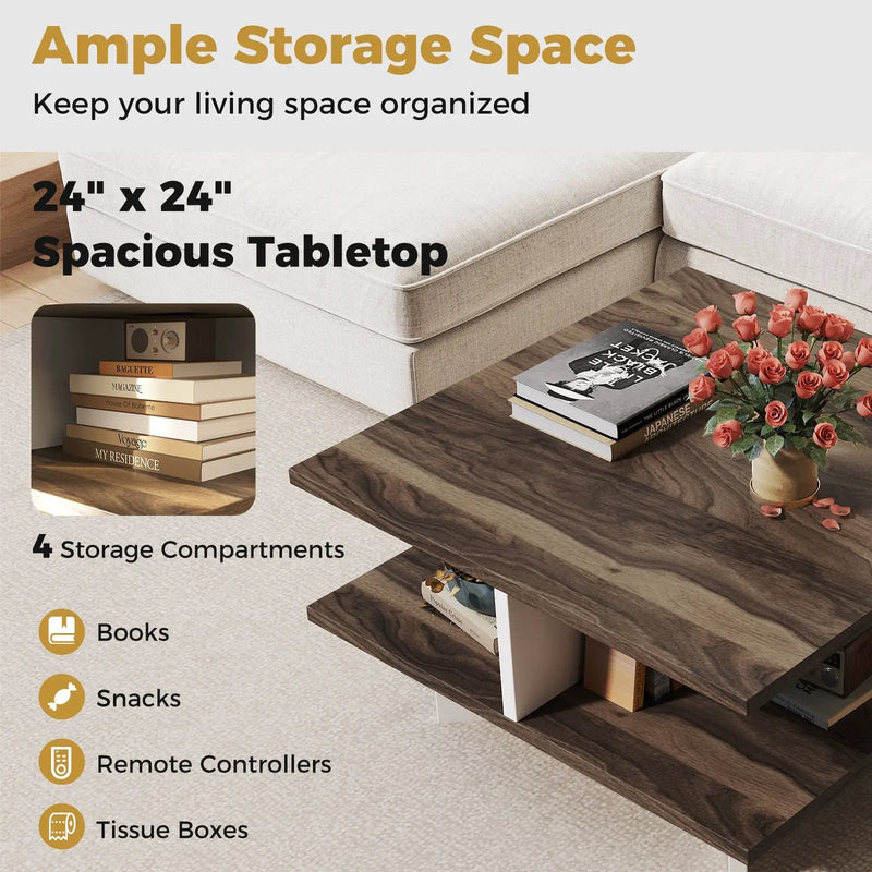 2-Tier Square Coffee Table with 4 Storage Compartments-Walnut by DirectDeals