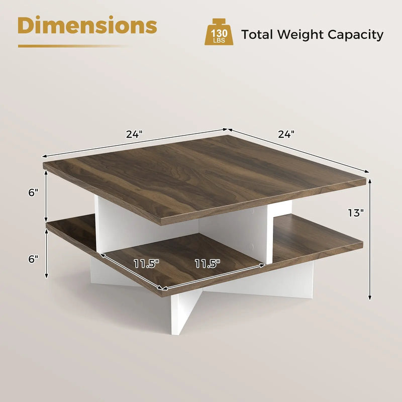 2-Tier Square Coffee Table with 4 Storage Compartments-Walnut by DirectDeals