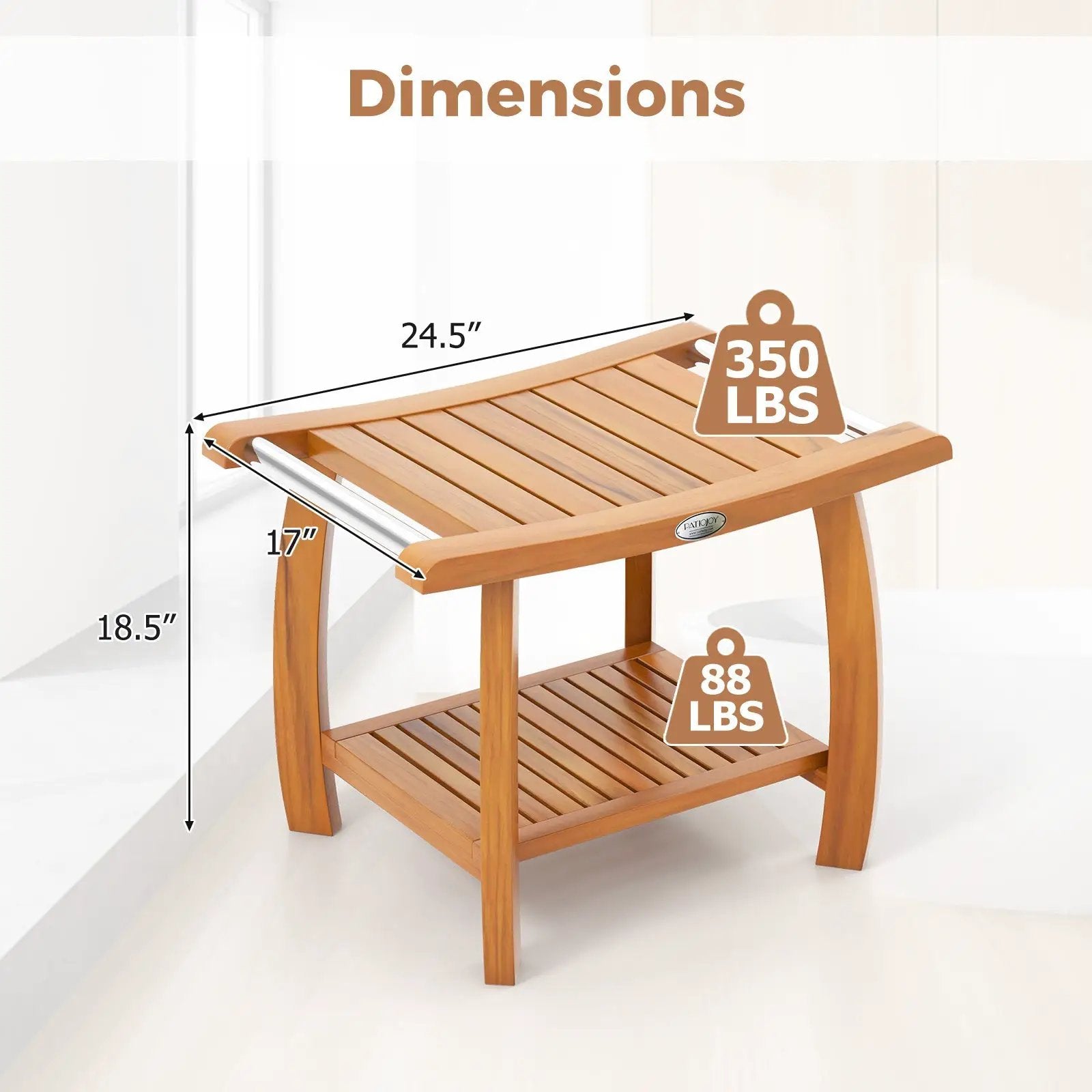 2-Tier Teak Wood Shower Bench Shower Stool with Curved Seat and Handles by DirectDeals