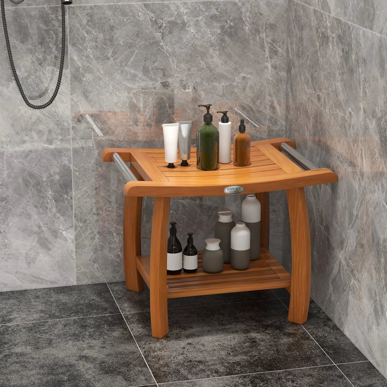 2-Tier Teak Wood Shower Bench Shower Stool with Curved Seat by DirectDeals