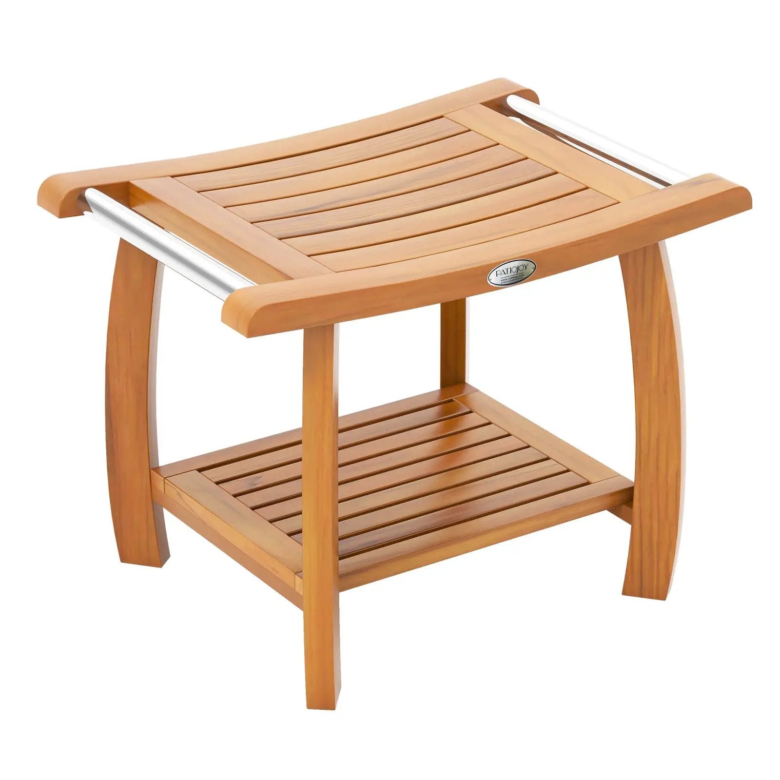 2-Tier Teak Wood Shower Bench Shower Stool with Curved Seat by DirectDeals