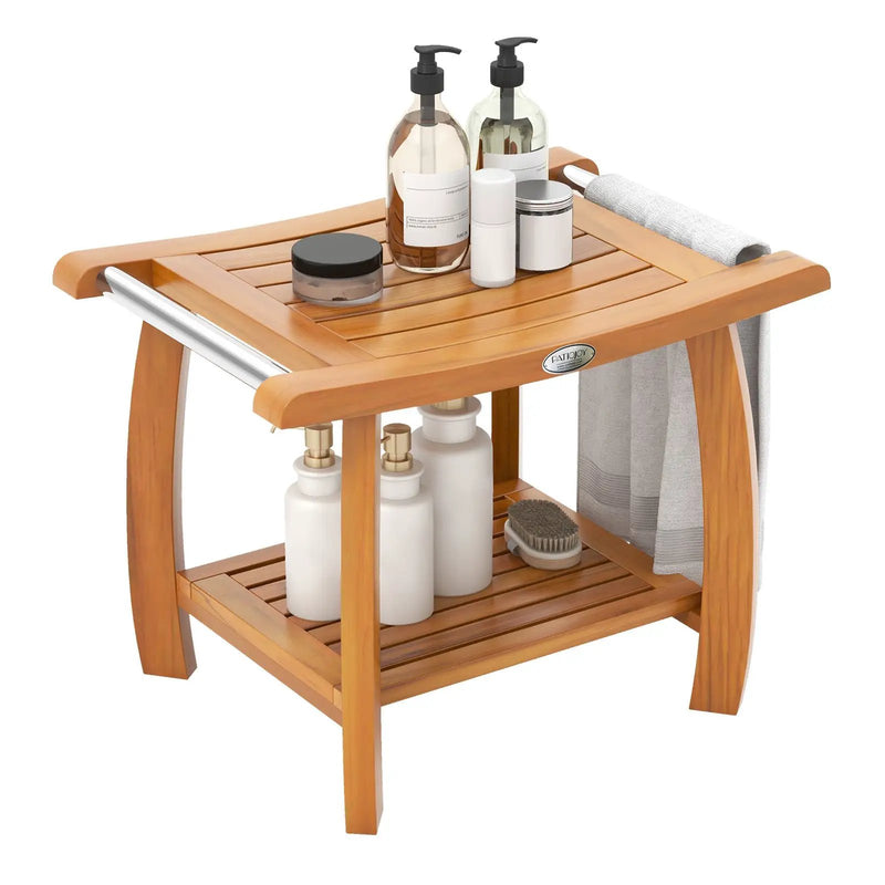 2-Tier Teak Wood Shower Bench Shower Stool with Curved Seat by DirectDeals