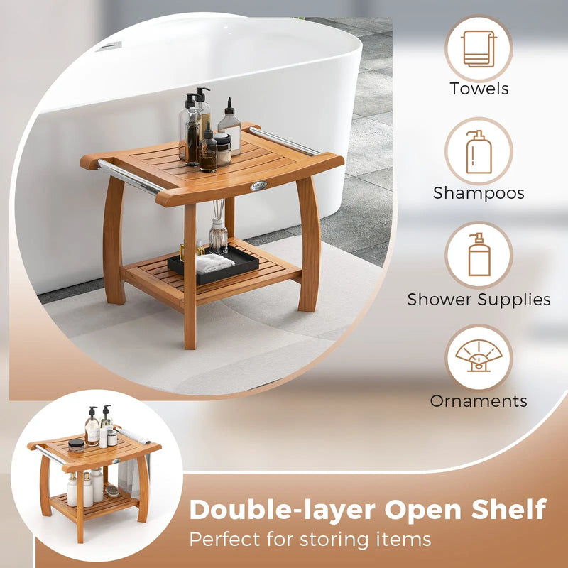 2-Tier Teak Wood Shower Bench Shower Stool with Curved Seat by DirectDeals