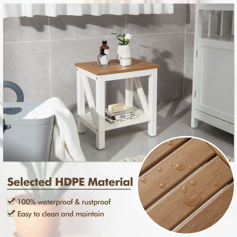 2-tier Waterproof Shower Bench with Storage Shelf-Brown by DirectDeals