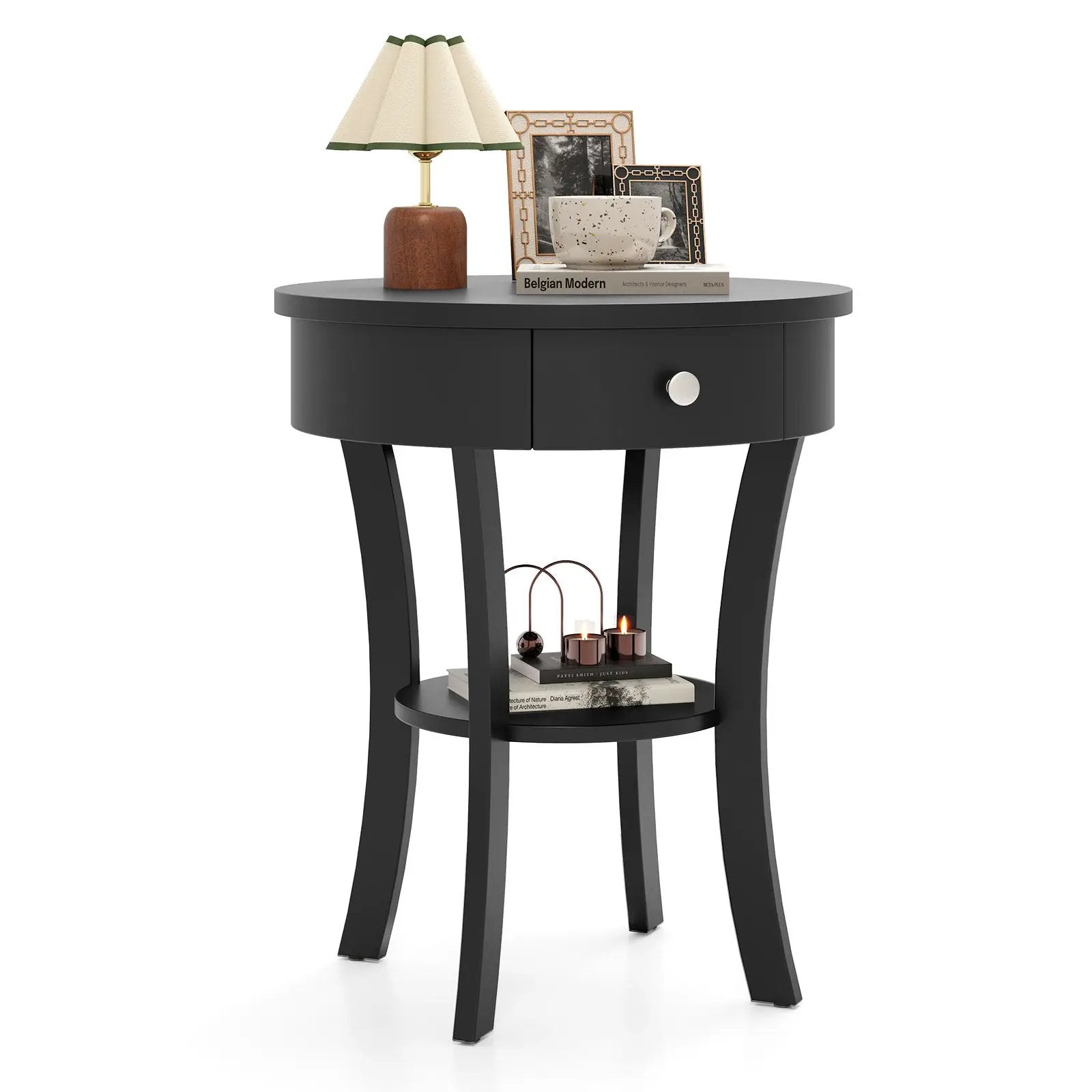 2-Tier Wood Round End Table with Open Drawer-Black by DirectDeals