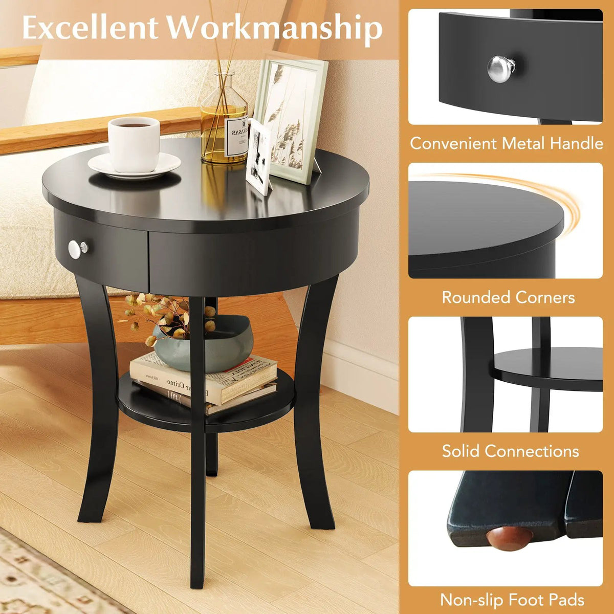 2-Tier Wood Round End Table with Open Drawer-Black by DirectDeals