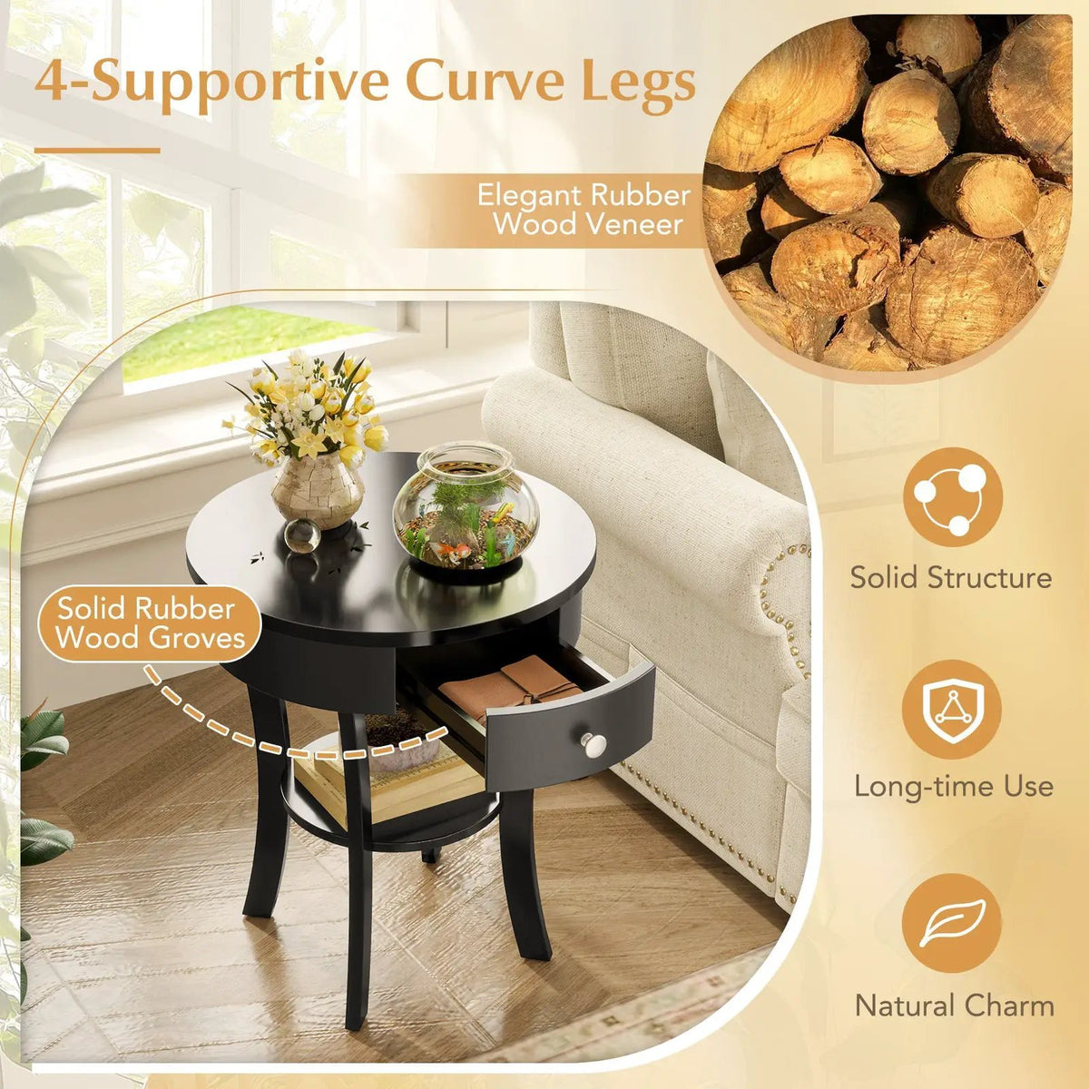 2-Tier Wood Round End Table with Open Drawer-Black by DirectDeals